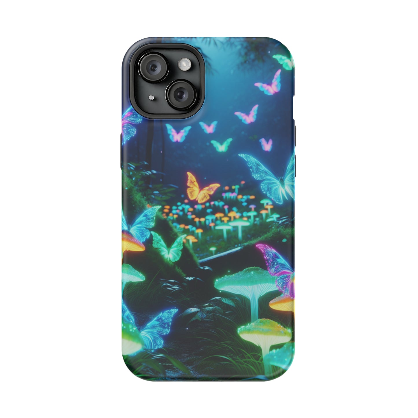 "Neon Meadow" Neon Butterflies and Mushrooms Premium Art Magsafe Magnet Tough IPhone 13 14 15 Pro Plus Max and Mini in Matte and Glossy Phone cases