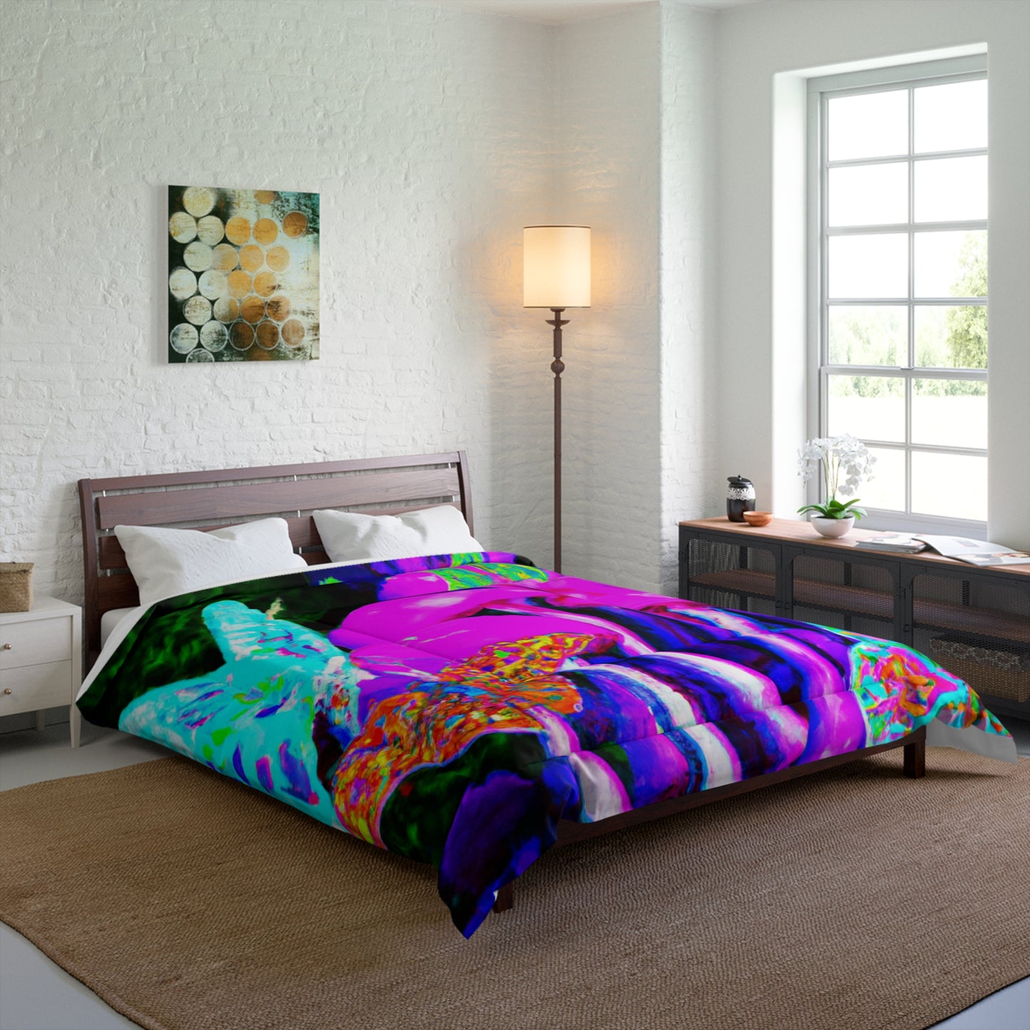 "Neon Glade of Wonders" Butterflies & Mushrooms Comforter Blanket