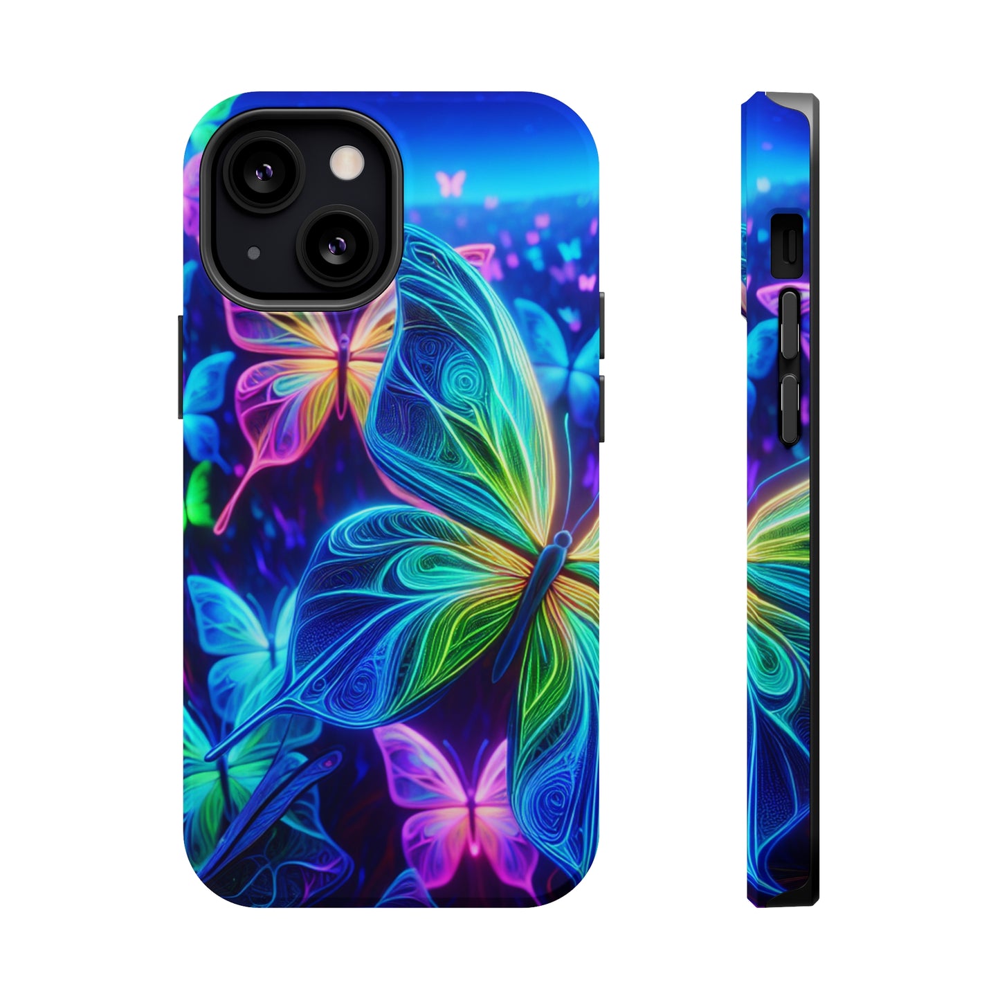 'Serene Spectacle of Neon Butterflies' Neon Butterflies Premium Art Magsafe Magnet Tough IPhone 13 14 15 Pro Plus Max and Mini in Matte and Glossy Phone cases