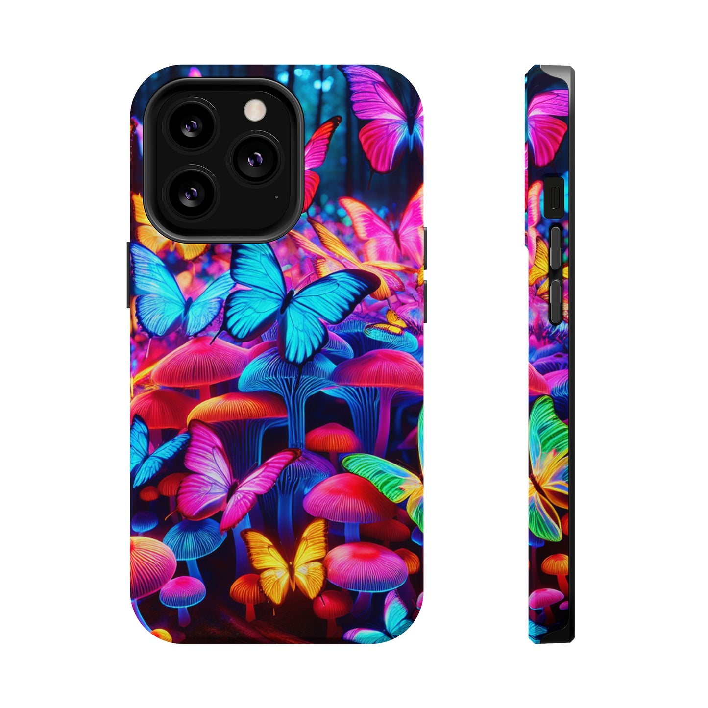 "Neon Tie-Dye Garden" Neon Butterflies and Mushrooms Premium Art Magsafe Magnet Tough IPhone 13 14 15 Pro Plus Max and Mini in Matte and Glossy Phone cases