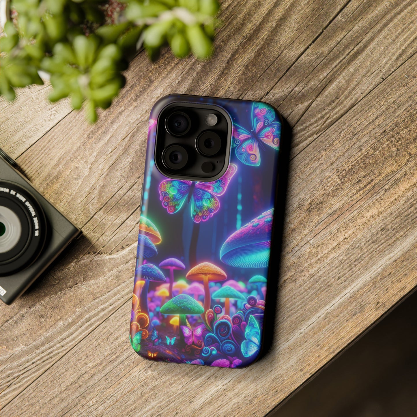 Neon Ecstasy. Neon Butterflies and Mushrooms Premium Art Magsafe Magnet Tough IPhone 13 14 15 Pro Plus Max and Mini in Matte and Glossy Phone cases