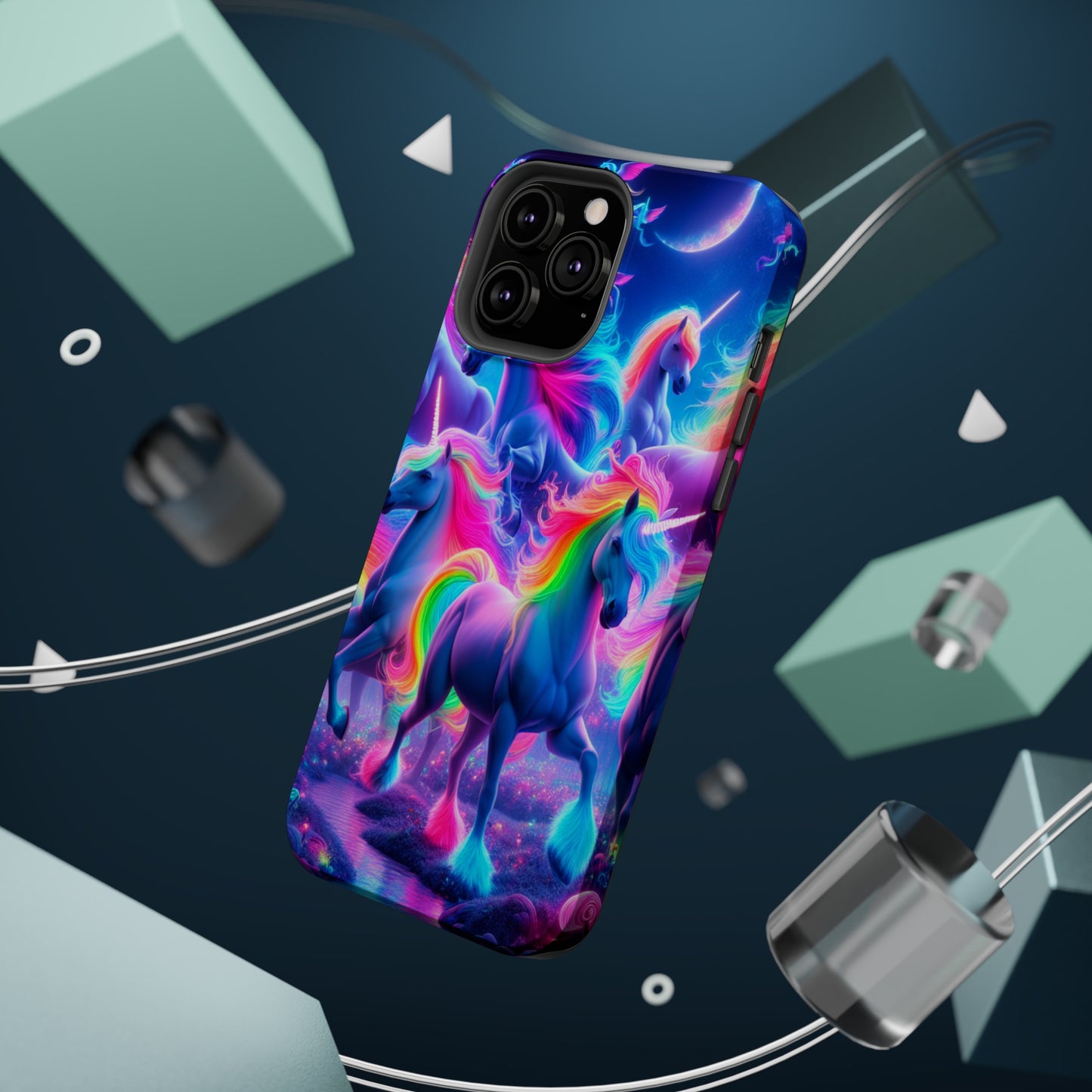 "Unicorn Prism" Neon Unicorns Premium Art Magsafe Magnet Tough IPhone 13 14 15 Pro Plus Max and Mini in Matte and Glossy Phone cases