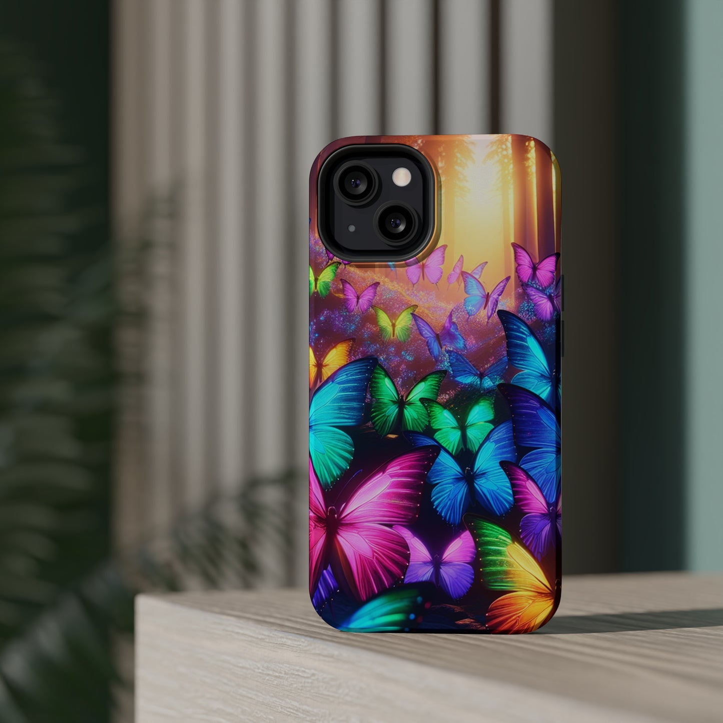 "Radiant Glowing Flight" Neon Butterflies Premium Art Magsafe Magnet Tough IPhone 13 14 15 Pro Plus Max and Mini in Matte and Glossy Phone cases