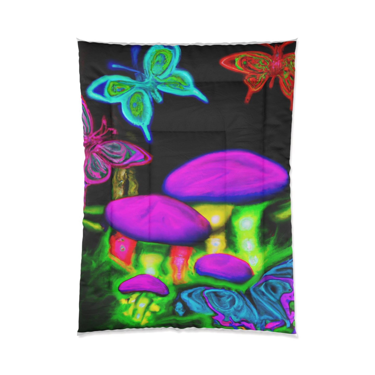 "Neon Rainforest Symphony" Butterflies & Mushrooms Comforter Blanket