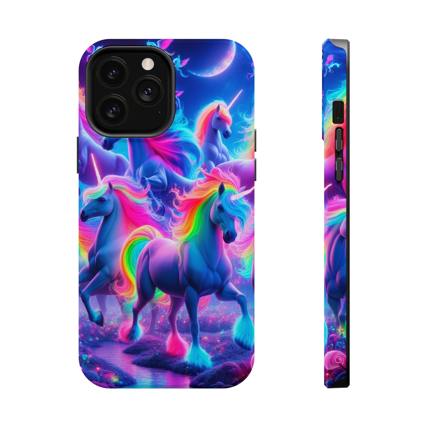 "Unicorn Prism" Neon Unicorns Premium Art Magsafe Magnet Tough IPhone 13 14 15 Pro Plus Max and Mini in Matte and Glossy Phone cases