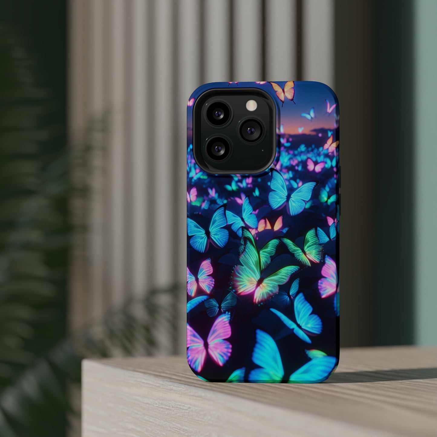"Fantasia of Neon Butterflies" Neon Butterflies Premium Art Magsafe Magnet Tough IPhone 13 14 15 Pro Plus Max and Mini in Matte and Glossy Phone cases