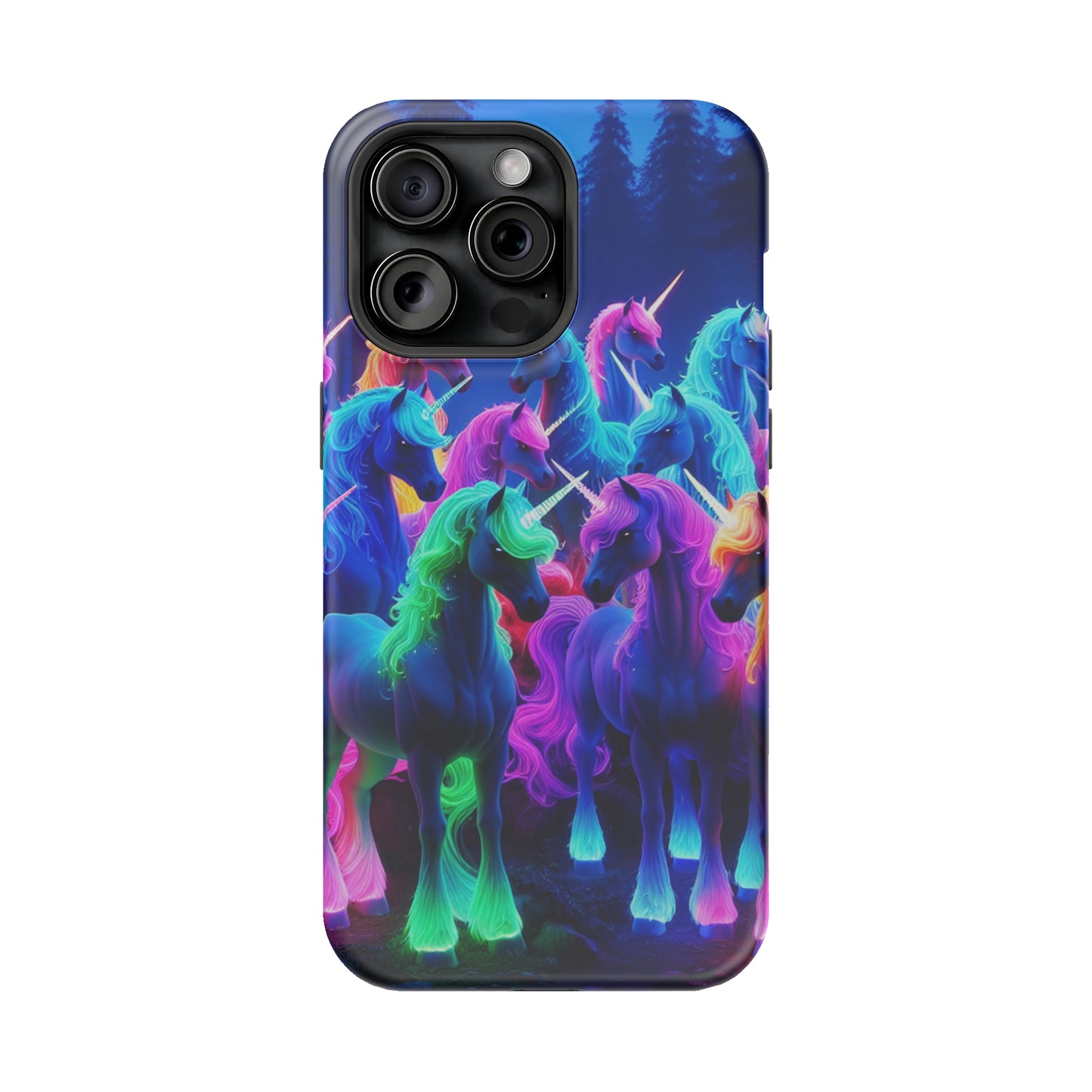 "Neon Fantasyland" Neon Unicorns Premium Art Magsafe Magnet Tough IPhone 13 14 15 Pro Plus Max and Mini in Matte and Glossy Phone cases