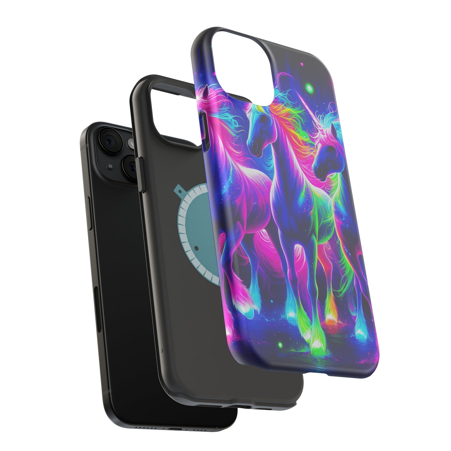 "Uni-Neon Fantasy" Neon Unicorns Premium Art Magsafe Magnet Tough IPhone 13 14 15 Pro Plus Max and Mini in Matte and Glossy Phone cases