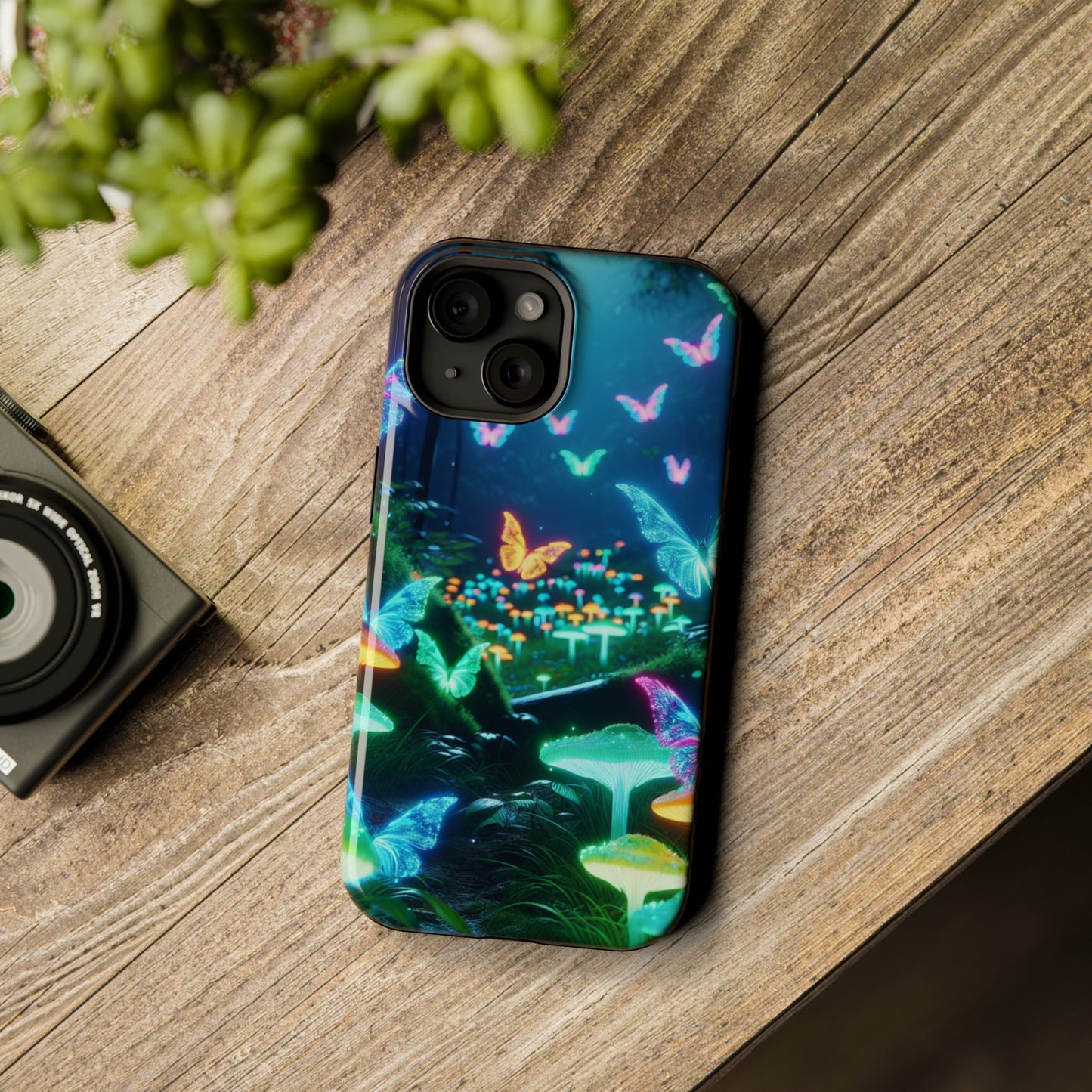 "Neon Meadow" Neon Butterflies and Mushrooms Premium Art Magsafe Magnet Tough IPhone 13 14 15 Pro Plus Max and Mini in Matte and Glossy Phone cases