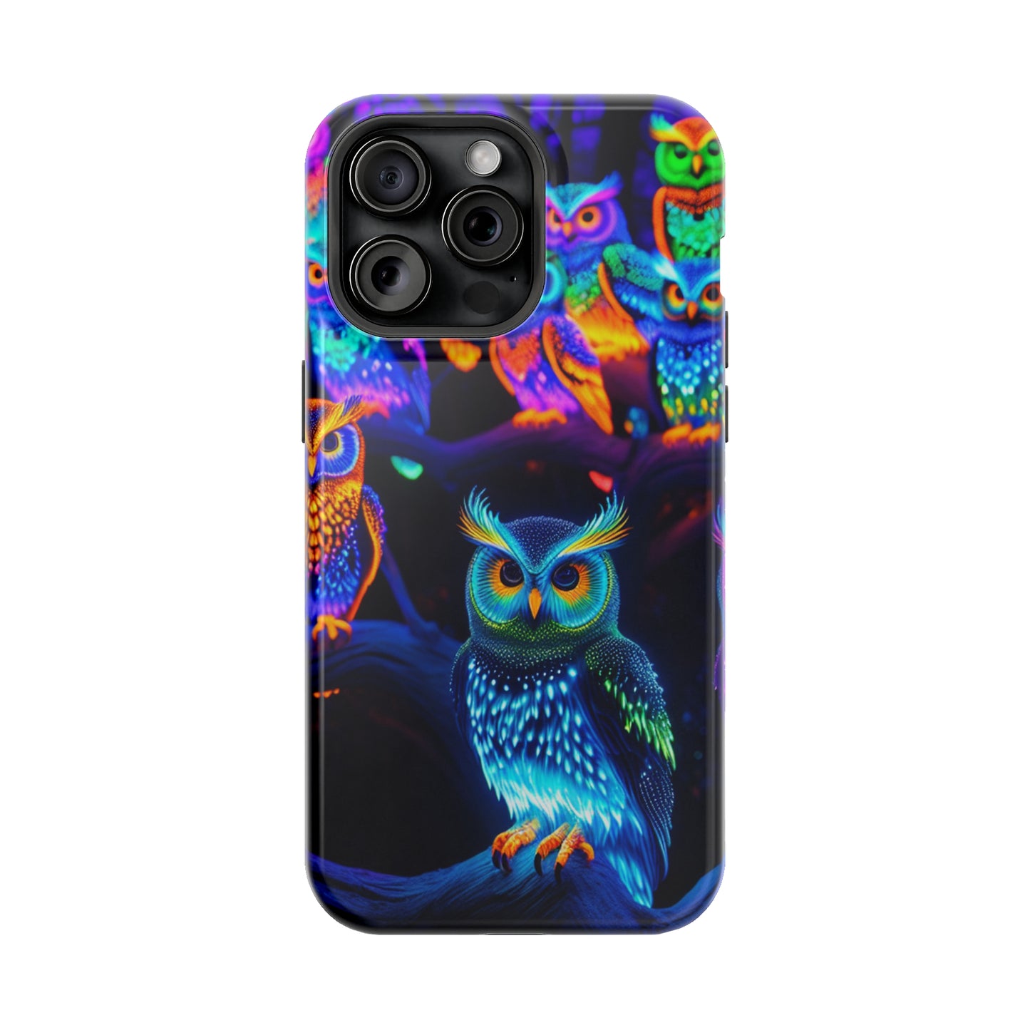 Glowing Neon Clan. Neon Owls Premium Art Magsafe Magnet Tough IPhone 13 14 15 Pro Plus Max and Mini in Matte and Glossy Phone cases