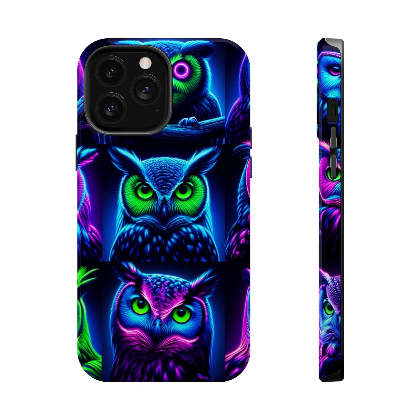 "Neon Nocturne" Neon Owls Premium Art Magsafe Magnet Tough IPhone 13 14 15 Pro Plus Max and Mini in Matte and Glossy Phone cases
