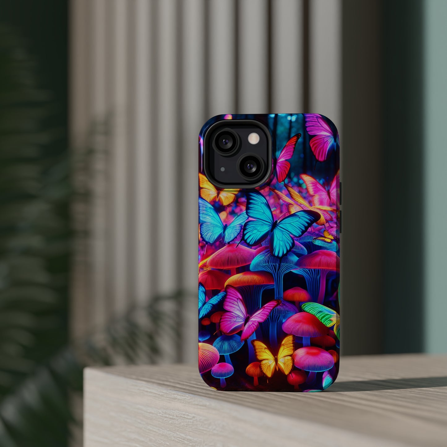 "Neon Tie-Dye Garden" Neon Butterflies and Mushrooms Premium Art Magsafe Magnet Tough IPhone 13 14 15 Pro Plus Max and Mini in Matte and Glossy Phone cases