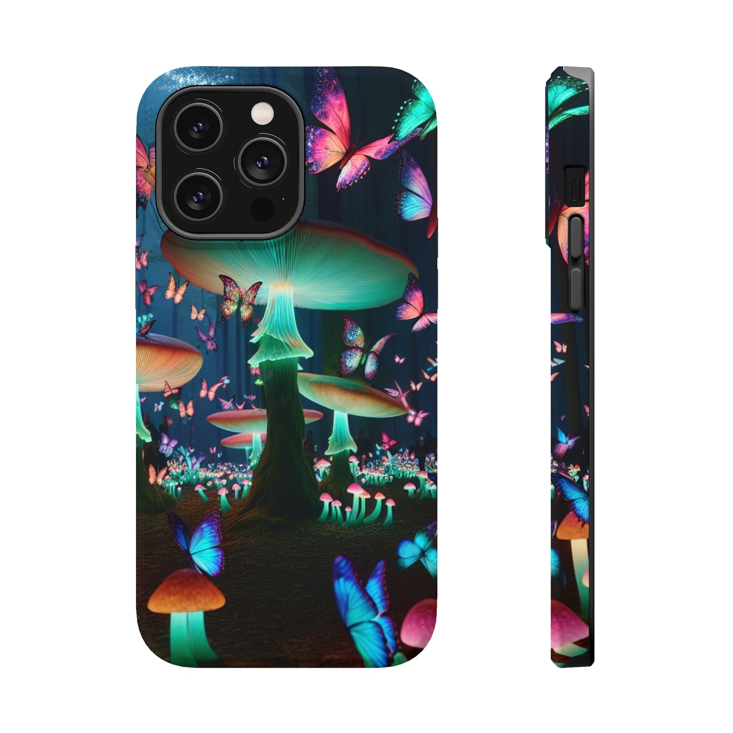 Neon Garden Delight. Neon Butterflies and Mushrooms Premium Art Magsafe Magnet Tough IPhone 13 14 15 Pro Plus Max and Mini in Matte and Glossy Phone cases