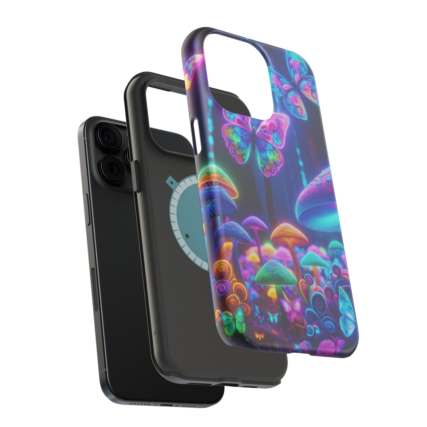 Neon Ecstasy. Neon Butterflies and Mushrooms Premium Art Magsafe Magnet Tough IPhone 13 14 15 Pro Plus Max and Mini in Matte and Glossy Phone cases