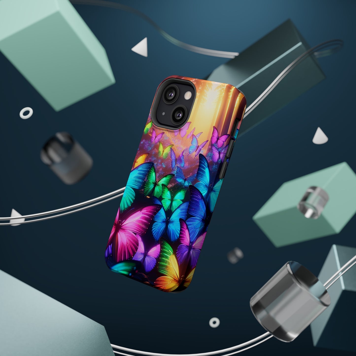 "Radiant Glowing Flight" Neon Butterflies Premium Art Magsafe Magnet Tough IPhone 13 14 15 Pro Plus Max and Mini in Matte and Glossy Phone cases