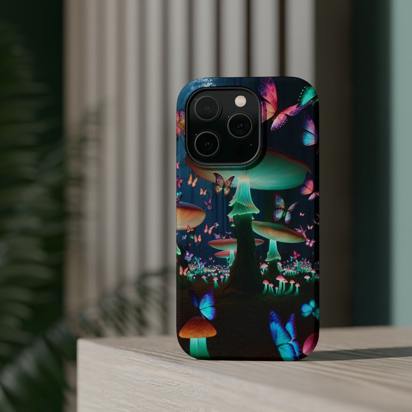 Neon Garden Delight. Neon Butterflies and Mushrooms Premium Art Magsafe Magnet Tough IPhone 13 14 15 Pro Plus Max and Mini in Matte and Glossy Phone cases