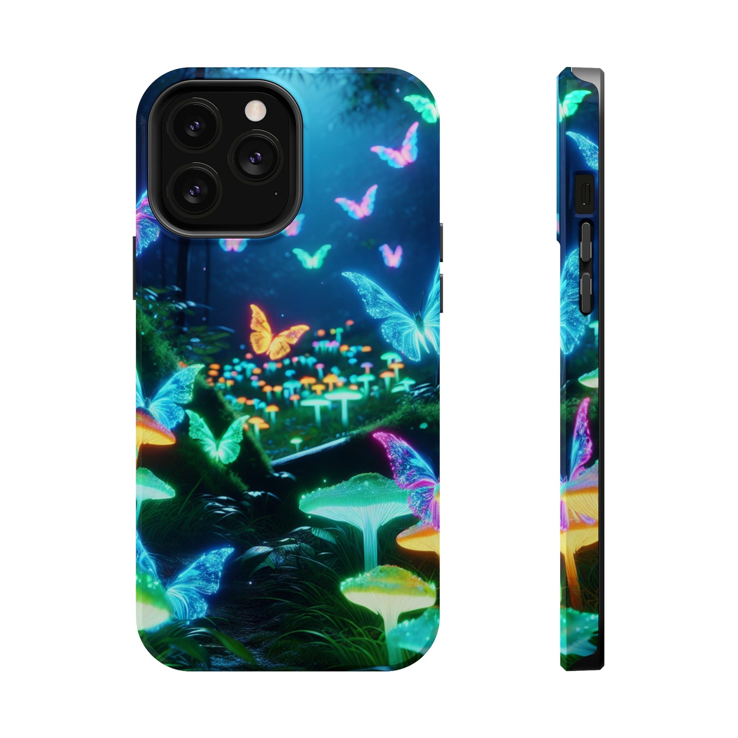 "Neon Meadow" Neon Butterflies and Mushrooms Premium Art Magsafe Magnet Tough IPhone 13 14 15 Pro Plus Max and Mini in Matte and Glossy Phone cases