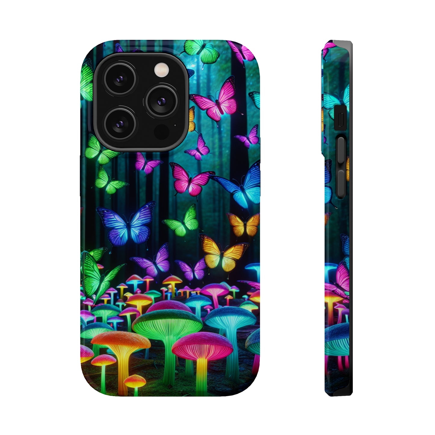 "Vivid Neon Splendor" Neon Butterflies and Mushrooms Premium Art Magsafe Magnet Tough IPhone 13 14 15 Pro Plus Max and Mini in Matte and Glossy Phone cases