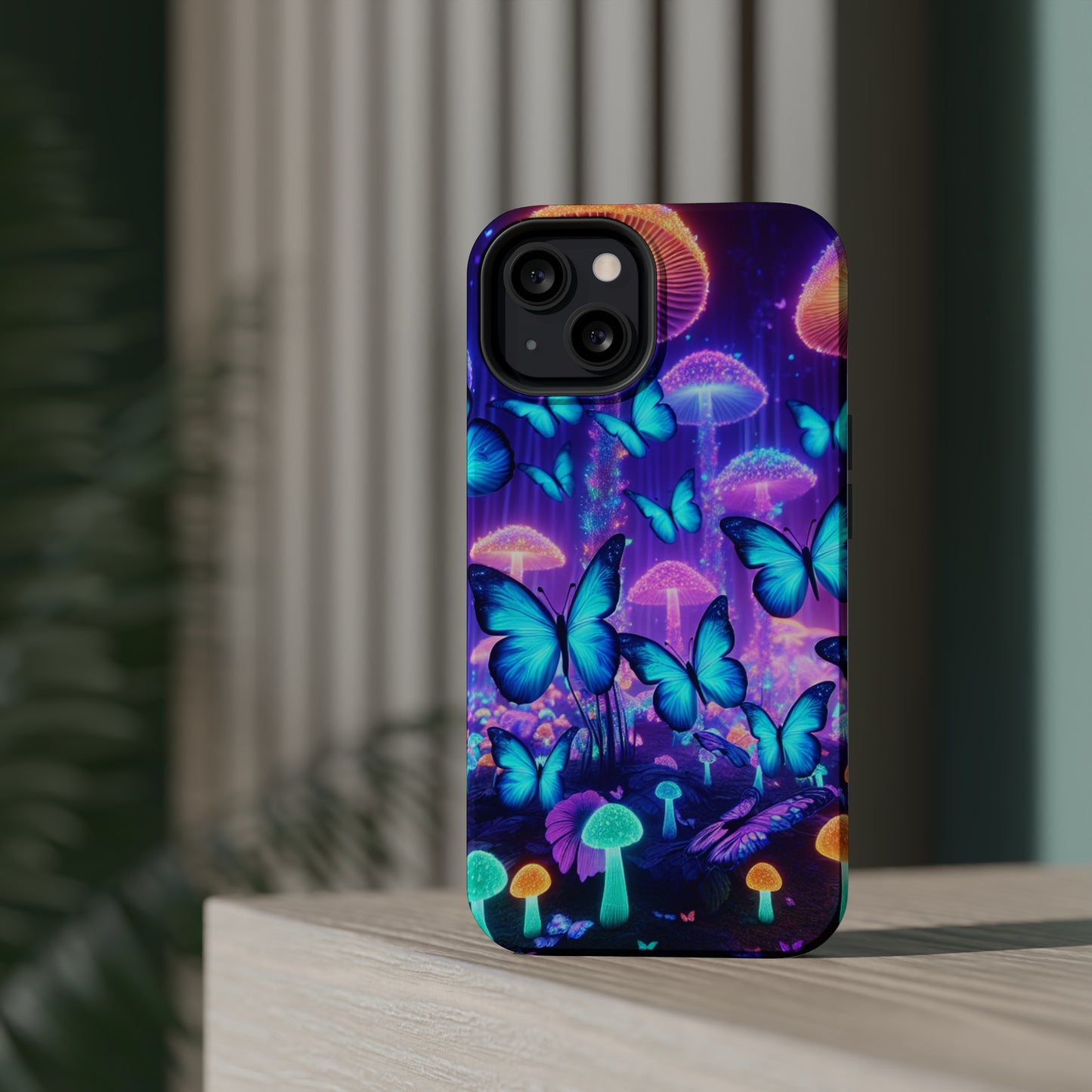 Neon Delight Landscape Neon Butterflies and Mushrooms Premium Art Magsafe Magnet Tough IPhone 13 14 15 Pro Plus Max and Mini in Matte and Glossy Phone cases