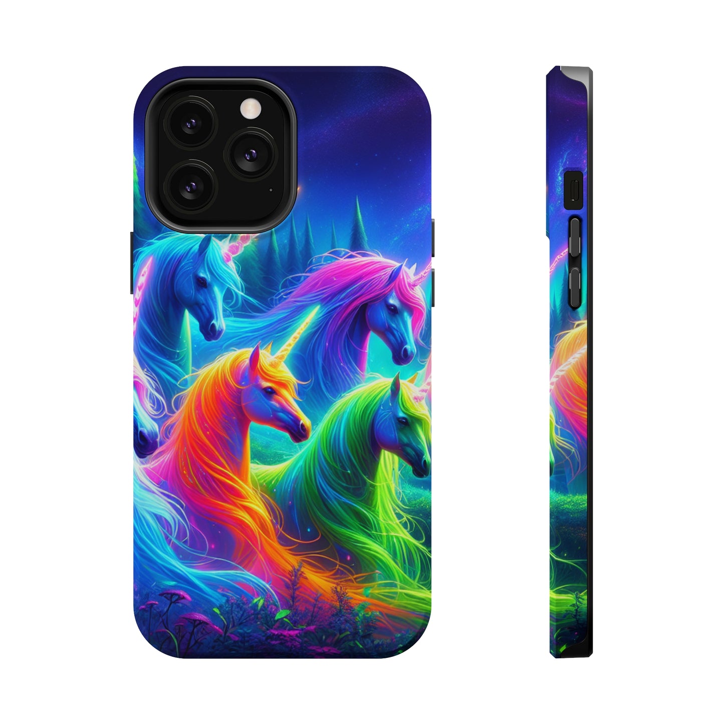 "Vibrant Neon Unicorn Rainbow" Neon Unicorns Premium Art Magsafe Magnet Tough IPhone 13 14 15 Pro Plus Max and Mini in Matte and Glossy Phone cases