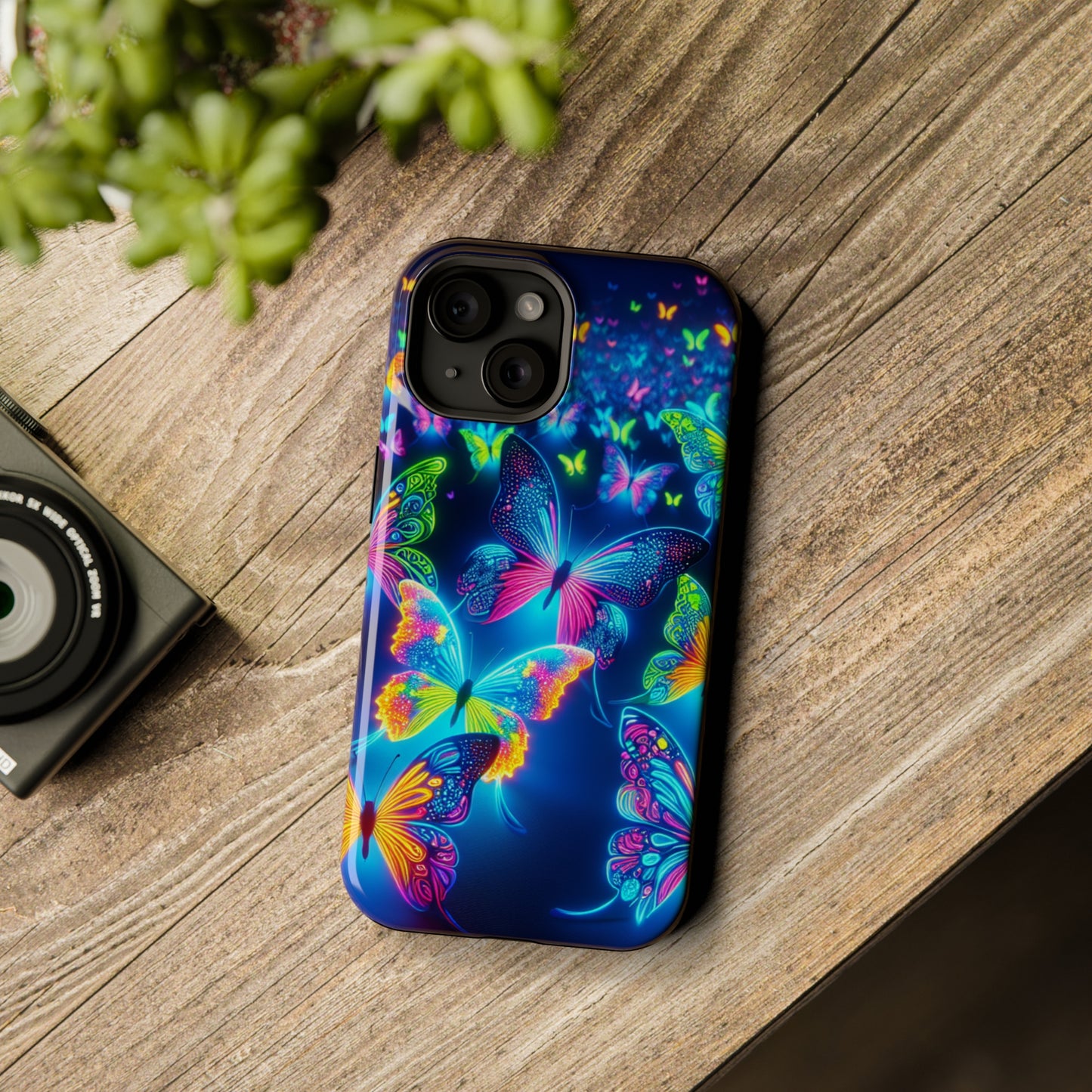"Atmospheric Fluorescence" Neon Butterflies Premium Art Magsafe Magnet Tough IPhone 13 14 15 Pro Plus Max and Mini in Matte and Glossy Phone cases