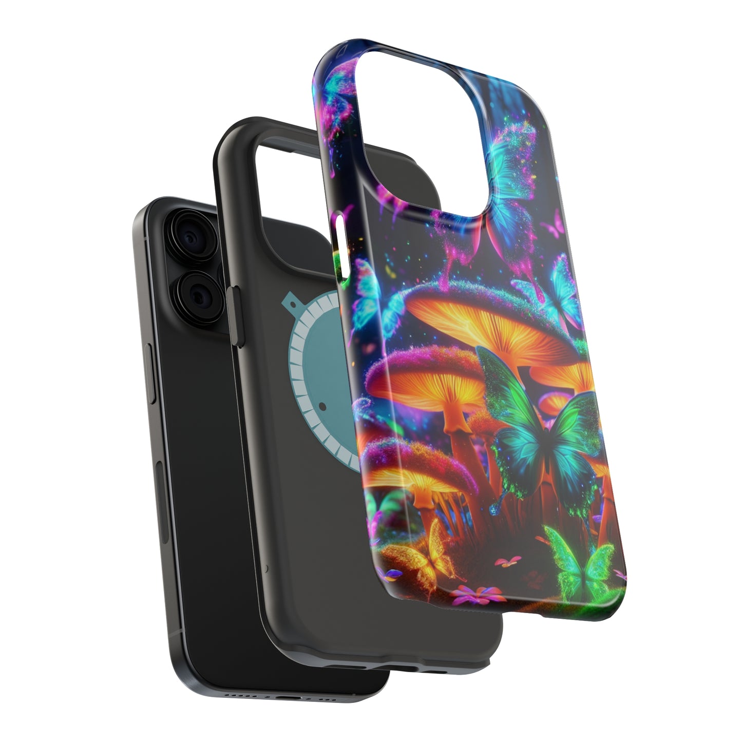 Neon Fantasia. Neon Butterflies and Mushrooms Premium Art Magsafe Magnet Tough IPhone 13 14 15 Pro Plus Max and Mini in Matte and Glossy Phone cases