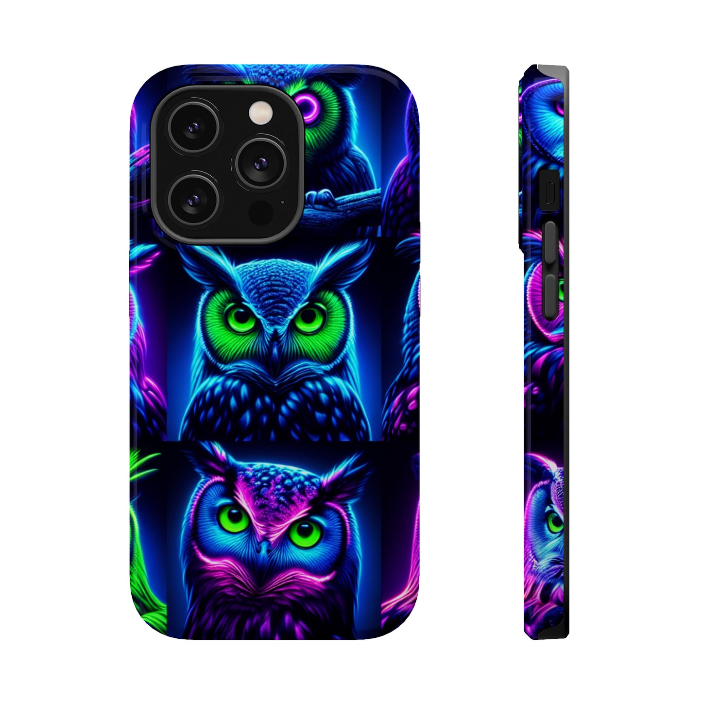 "Neon Nocturne" Neon Owls Premium Art Magsafe Magnet Tough IPhone 13 14 15 Pro Plus Max and Mini in Matte and Glossy Phone cases