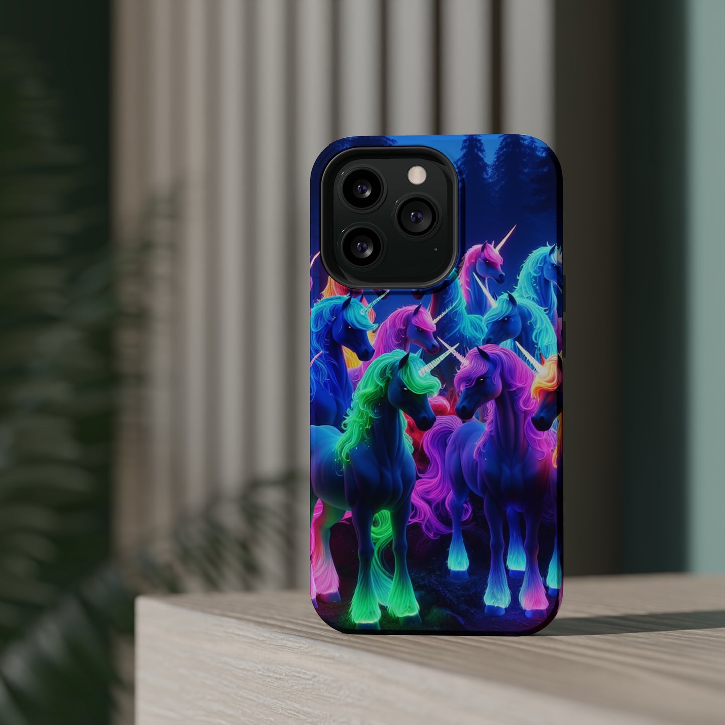 "Neon Fantasyland" Neon Unicorns Premium Art Magsafe Magnet Tough IPhone 13 14 15 Pro Plus Max and Mini in Matte and Glossy Phone cases
