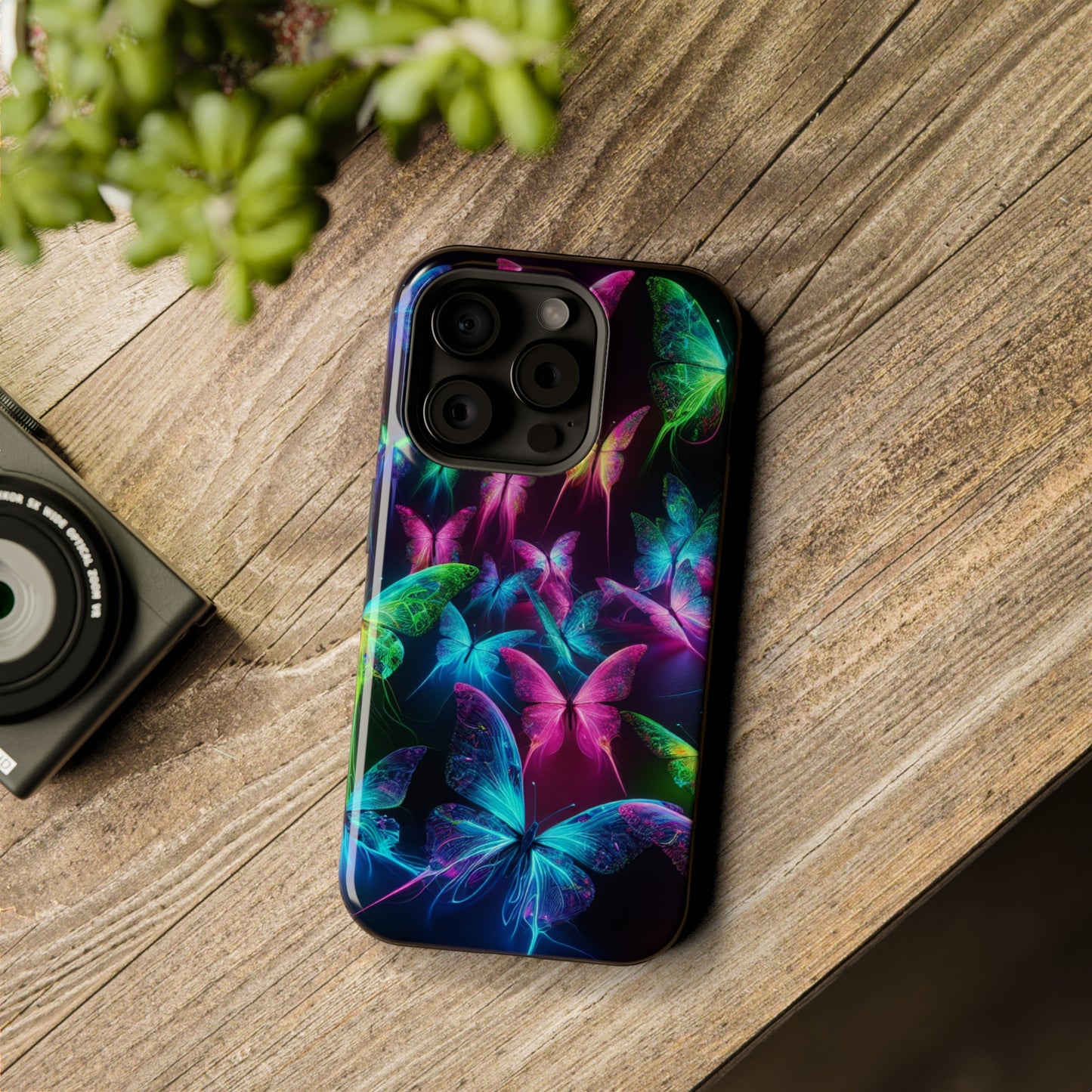 'Euphoria in Neon Flight' Neon Butterflies Premium Art Magsafe Magnet Tough IPhone 13 14 15 Pro Plus Max and Mini in Matte and Glossy Phone cases