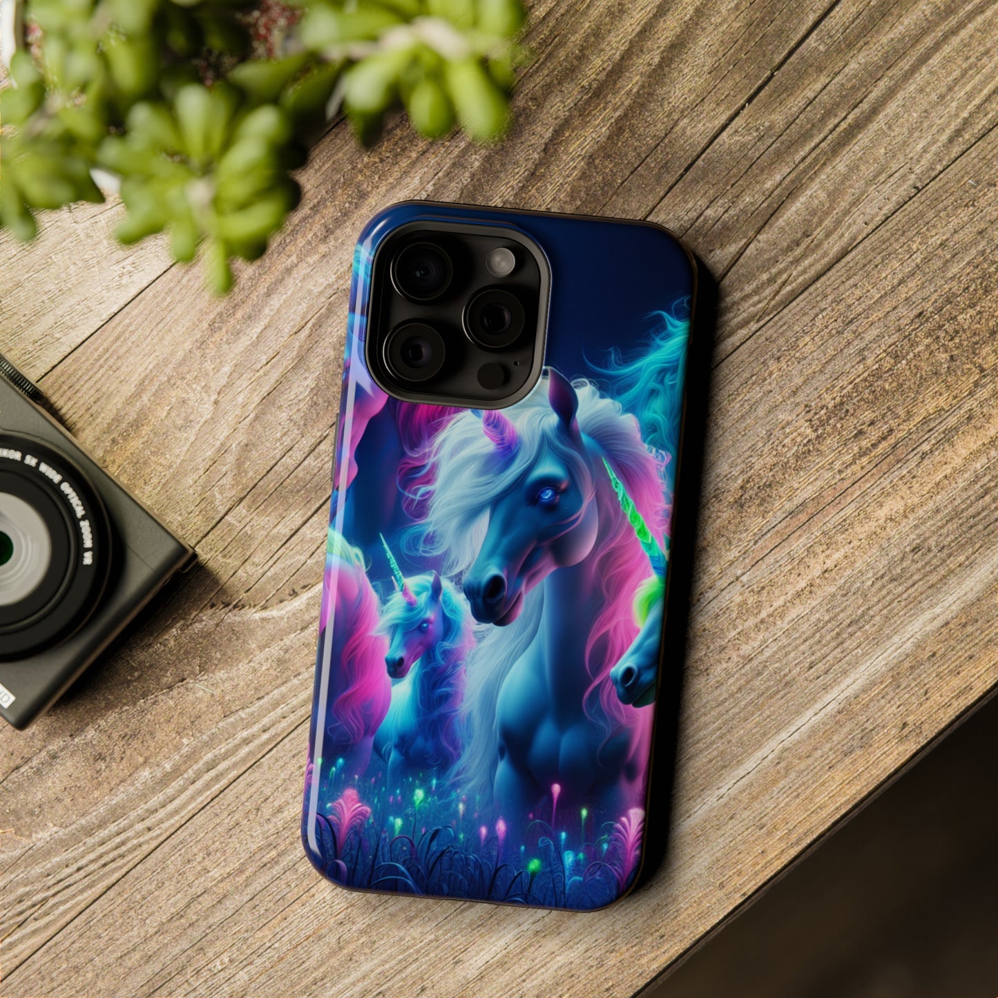 "Unicorn Flux-scape" Neon Unicorns Premium Art Magsafe Magnet Tough IPhone 13 14 15 Pro Plus Max and Mini in Matte and Glossy Phone cases