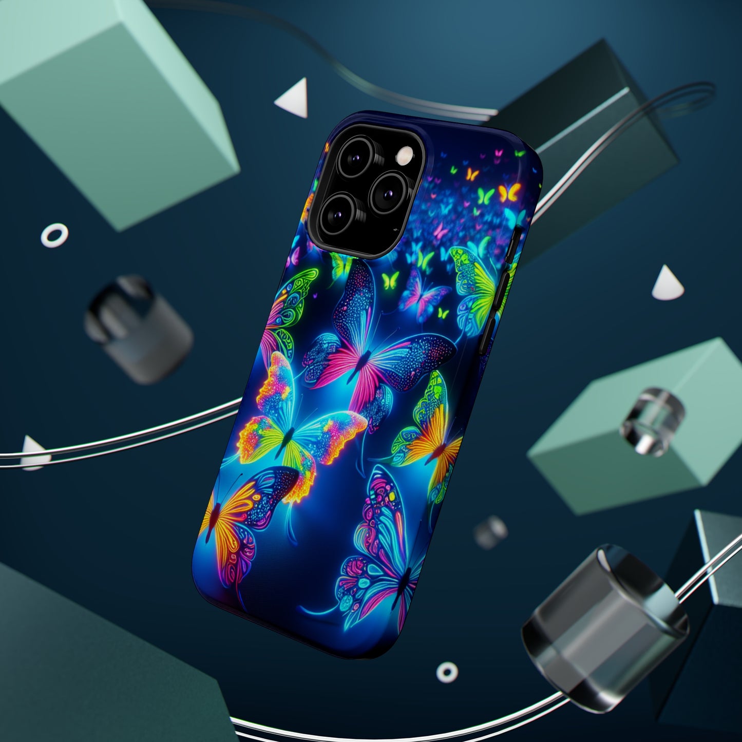 "Atmospheric Fluorescence" Neon Butterflies Premium Art Magsafe Magnet Tough IPhone 13 14 15 Pro Plus Max and Mini in Matte and Glossy Phone cases