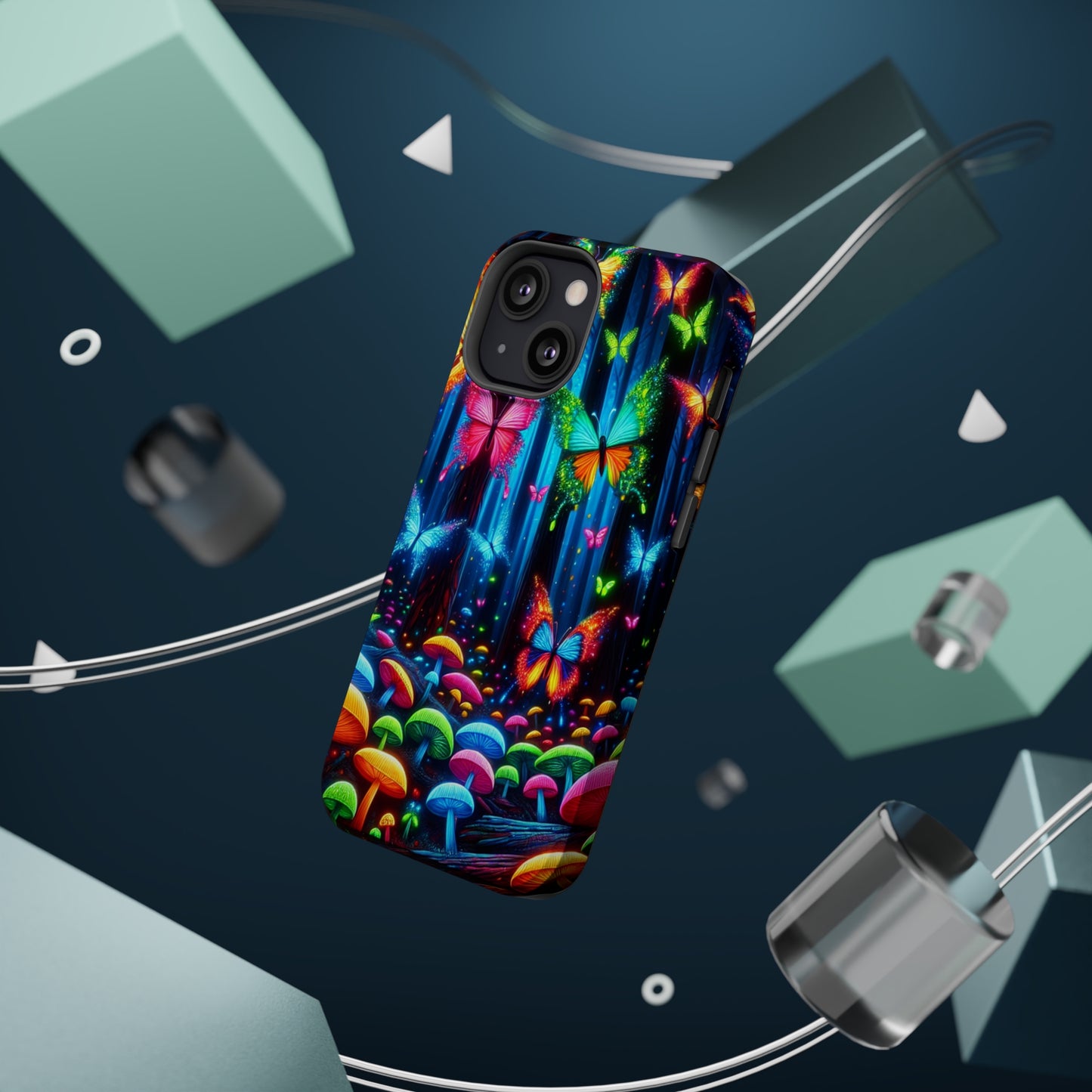 Neon Fantasia. Neon Butterflies and Mushrooms Premium Art Magsafe Magnet Tough IPhone 13 14 15 Pro Plus Max and Mini in Matte and Glossy Phone cases