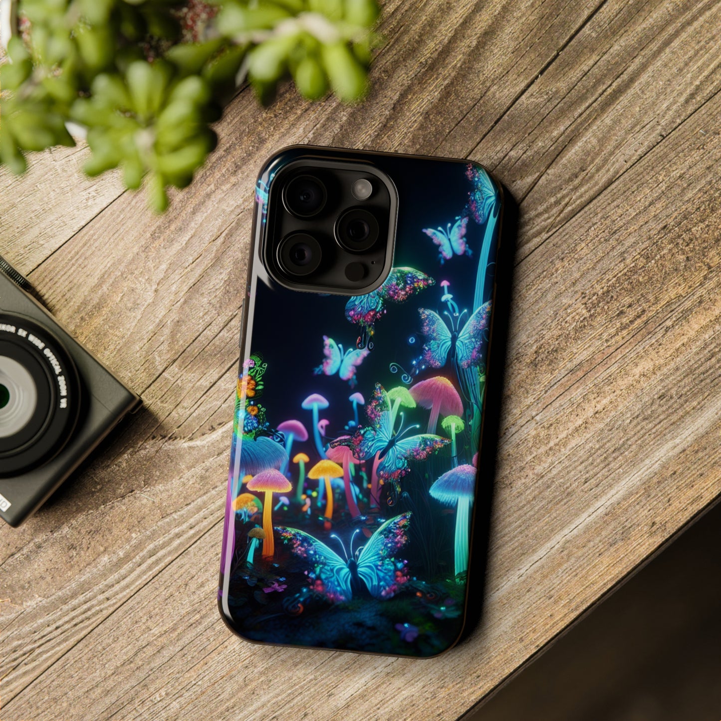 "Neon Dreamscape" Neon Butterflies and Mushrooms Premium Art Magsafe Magnet Tough IPhone 13 14 15 Pro Plus Max and Mini in Matte and Glossy Phone cases