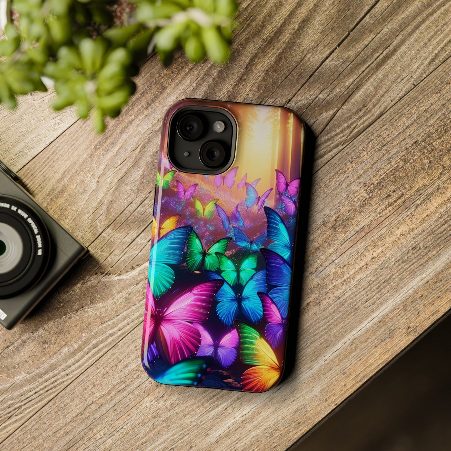 "Radiant Glowing Flight" Neon Butterflies Premium Art Magsafe Magnet Tough IPhone 13 14 15 Pro Plus Max and Mini in Matte and Glossy Phone cases