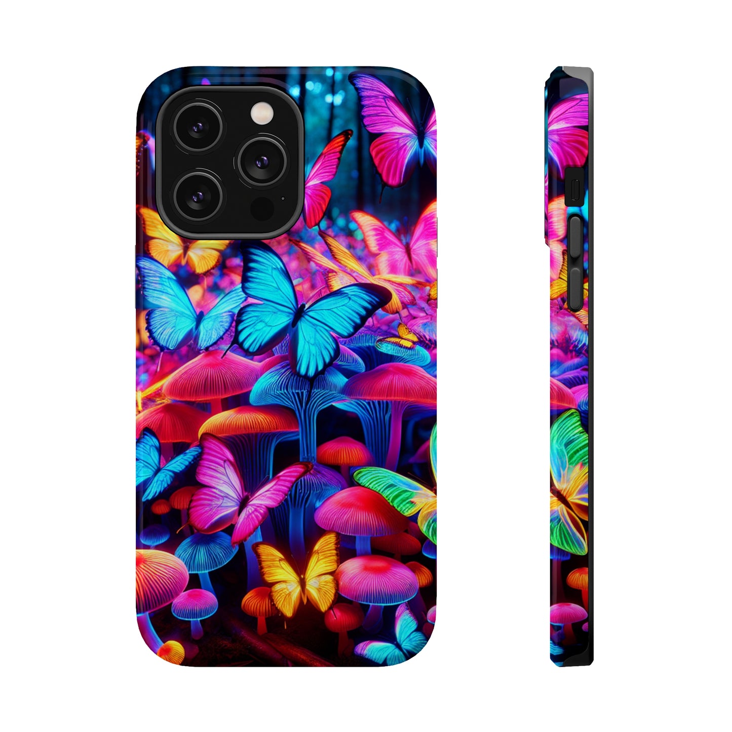 "Neon Tie-Dye Garden" Neon Butterflies and Mushrooms Premium Art Magsafe Magnet Tough IPhone 13 14 15 Pro Plus Max and Mini in Matte and Glossy Phone cases