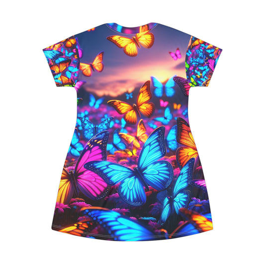 "Neon Flutter Fantasy" Neon Butterflies Womans T Shirt Dress