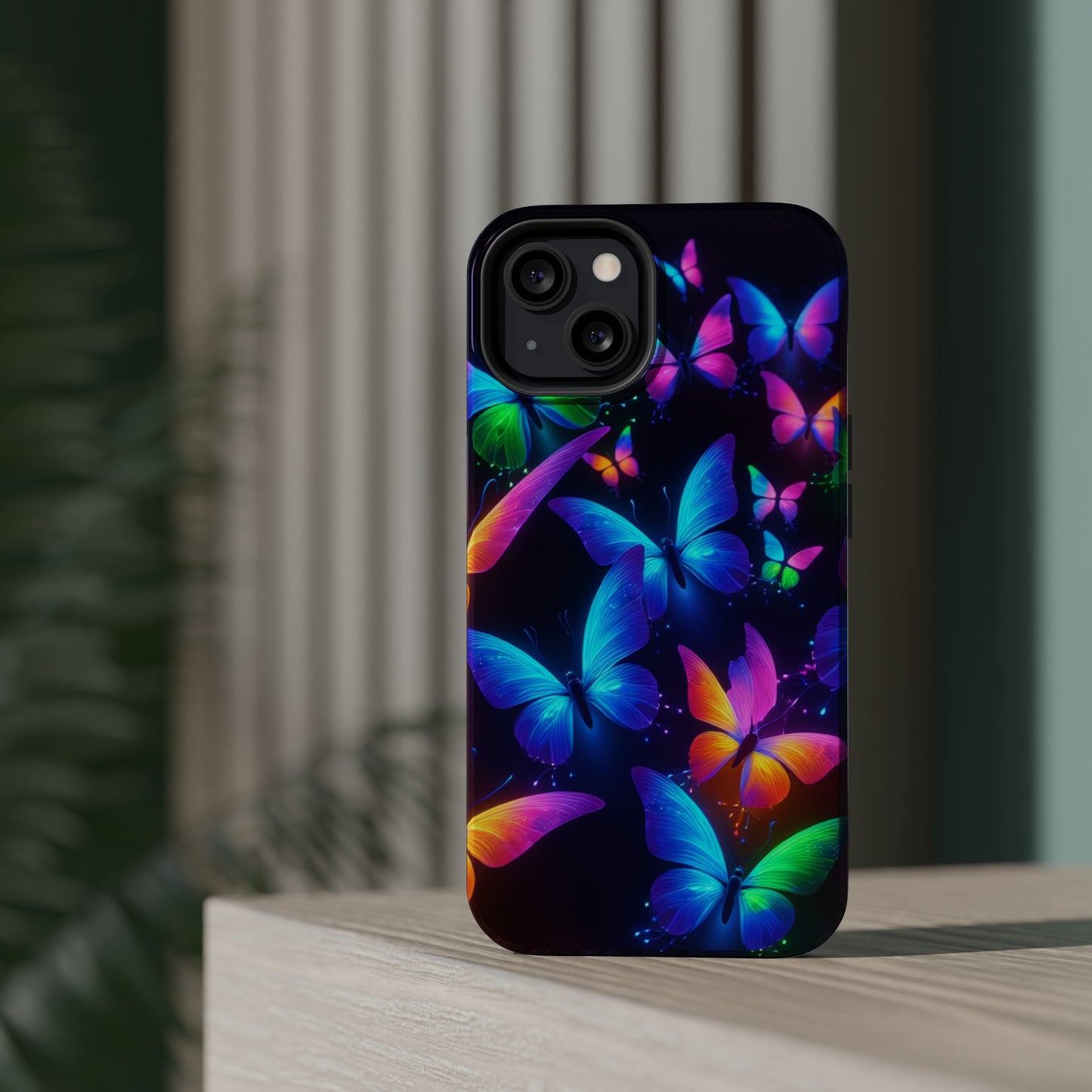 "Vibrant Neon Flutter" Neon Butterflies Premium Art Magsafe Magnet Tough IPhone 13 14 15 Pro Plus Max and Mini in Matte and Glossy Phone cases