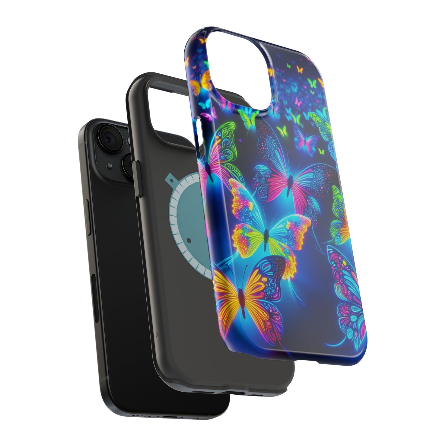 "Atmospheric Fluorescence" Neon Butterflies Premium Art Magsafe Magnet Tough IPhone 13 14 15 Pro Plus Max and Mini in Matte and Glossy Phone cases