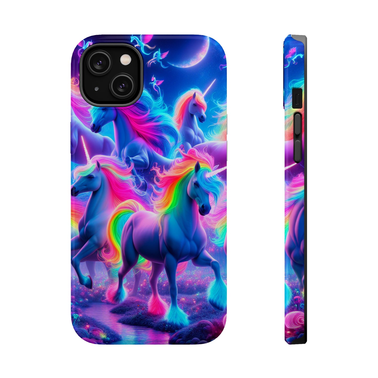 "Unicorn Prism" Neon Unicorns Premium Art Magsafe Magnet Tough IPhone 13 14 15 Pro Plus Max and Mini in Matte and Glossy Phone cases