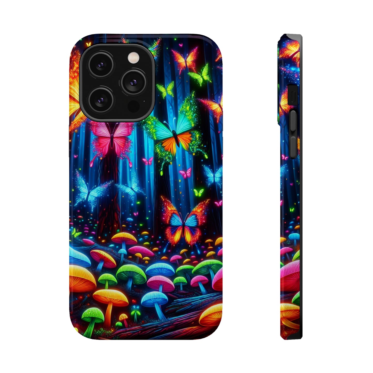Neon Fantasia. Neon Butterflies and Mushrooms Premium Art Magsafe Magnet Tough IPhone 13 14 15 Pro Plus Max and Mini in Matte and Glossy Phone cases