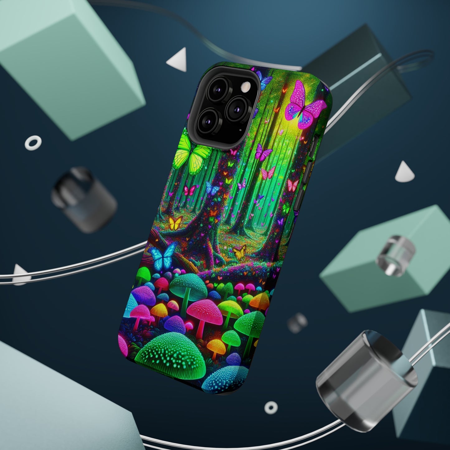 "Neon Garden Symphony". Neon Butterflies and Mushrooms Premium Art Magsafe Magnet Tough IPhone 13 14 15 Pro Plus Max and Mini in Matte and Glossy Phone cases