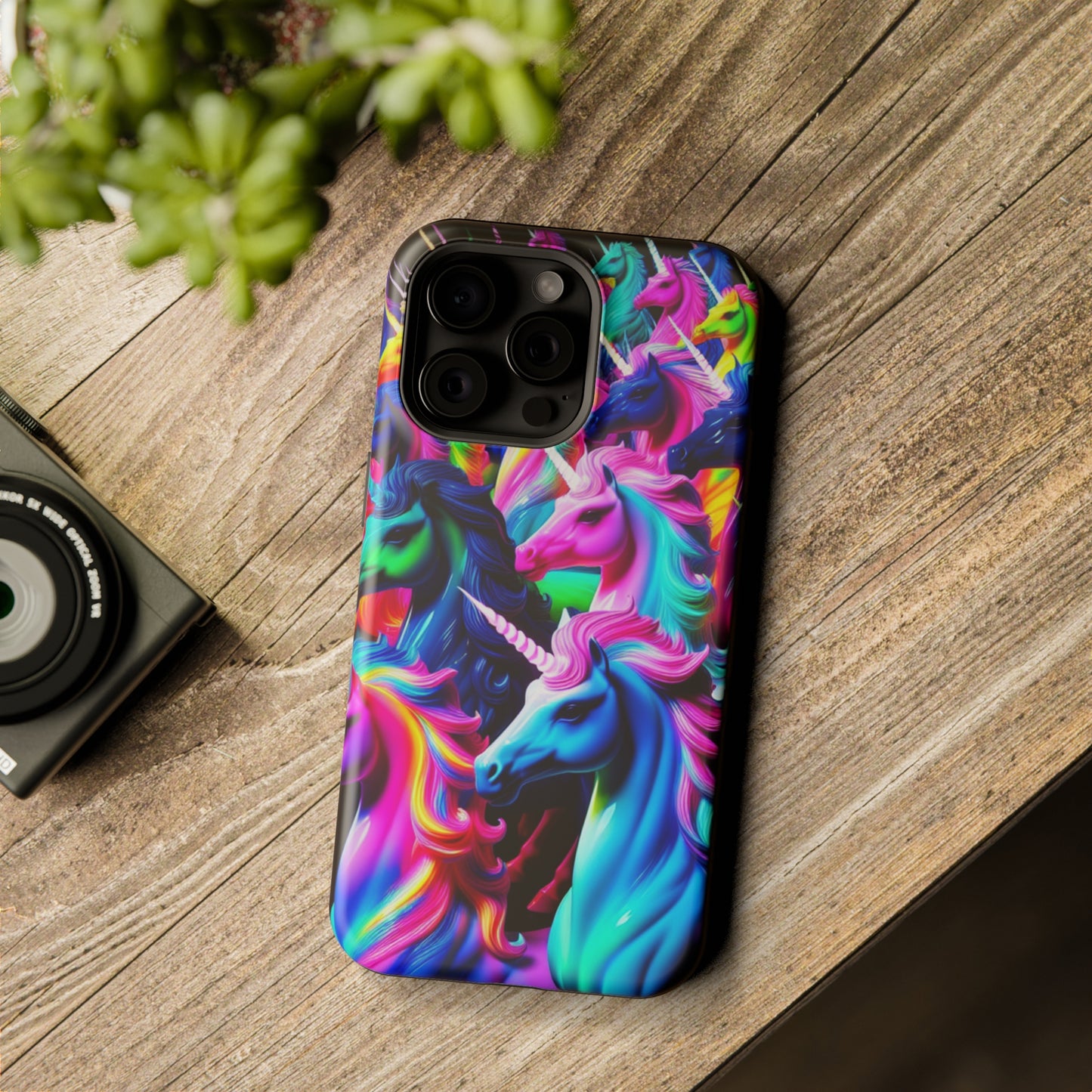 "Neon Illumination" Neon Unicorns Premium Art Magsafe Magnet Tough IPhone 13 14 15 Pro Plus Max and Mini in Matte and Glossy Phone cases