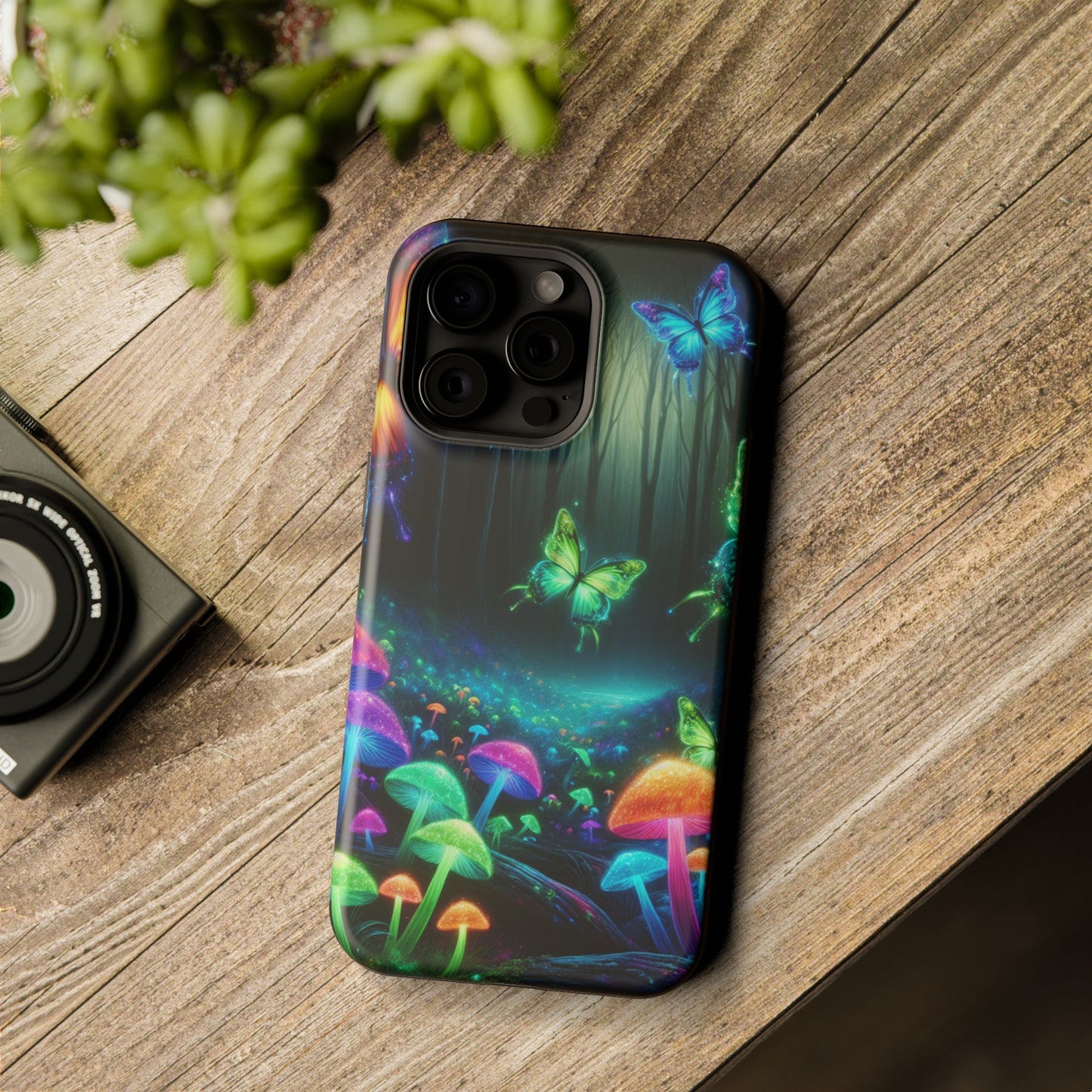 Neon Nocturne. Neon Butterflies and Mushrooms Premium Art Magsafe Magnet Tough IPhone 13 14 15 Pro Plus Max and Mini in Matte and Glossy Phone cases