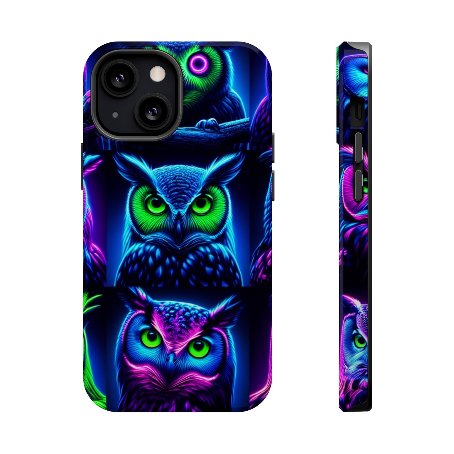 "Neon Nocturne" Neon Owls Premium Art Magsafe Magnet Tough IPhone 13 14 15 Pro Plus Max and Mini in Matte and Glossy Phone cases