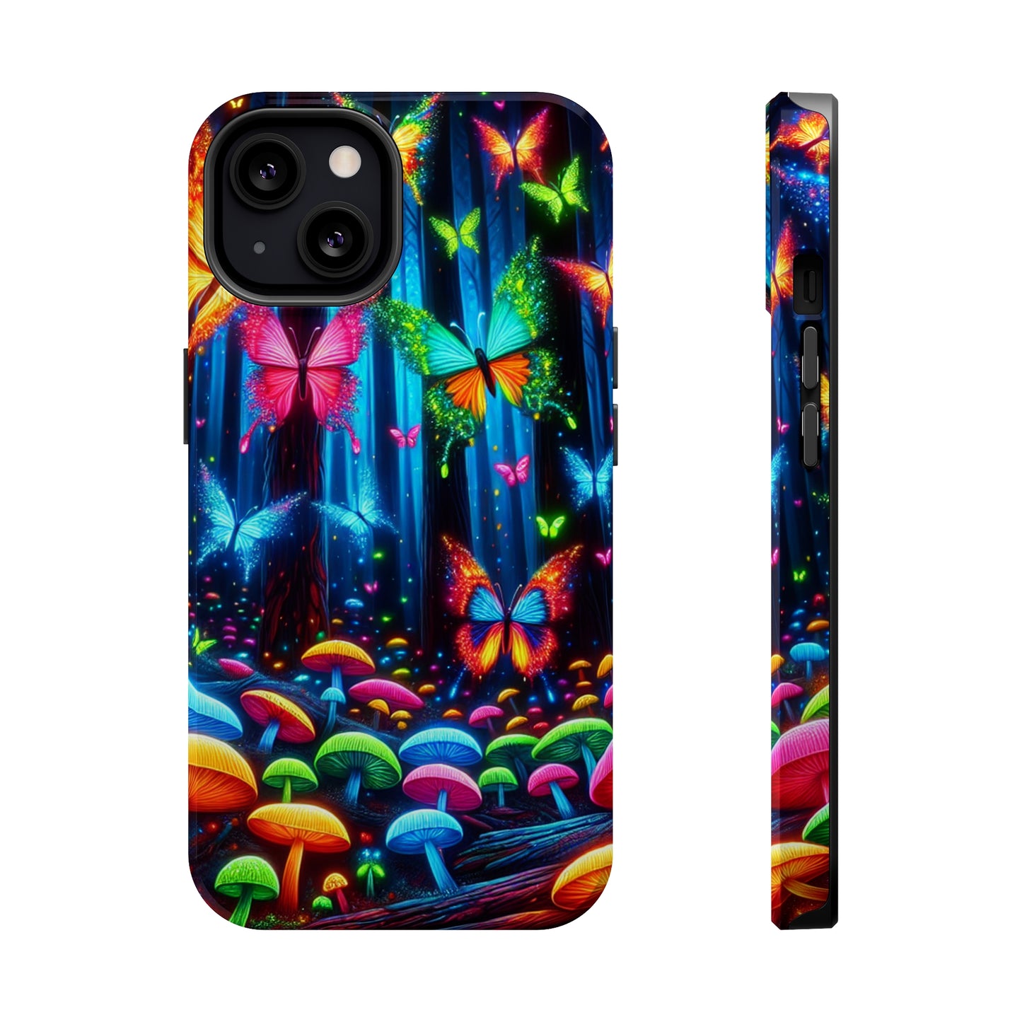 Neon Fantasia. Neon Butterflies and Mushrooms Premium Art Magsafe Magnet Tough IPhone 13 14 15 Pro Plus Max and Mini in Matte and Glossy Phone cases