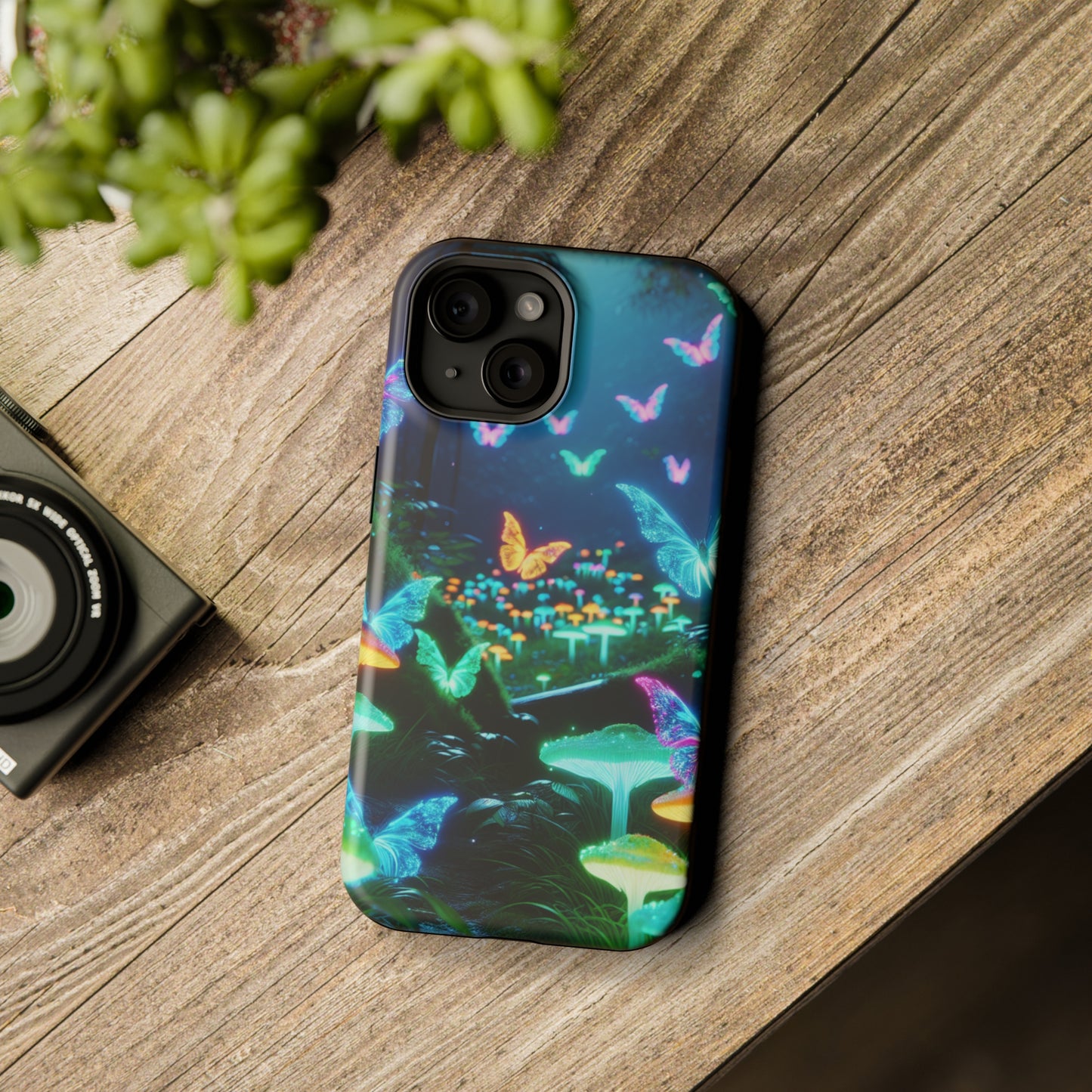 "Neon Meadow" Neon Butterflies and Mushrooms Premium Art Magsafe Magnet Tough IPhone 13 14 15 Pro Plus Max and Mini in Matte and Glossy Phone cases