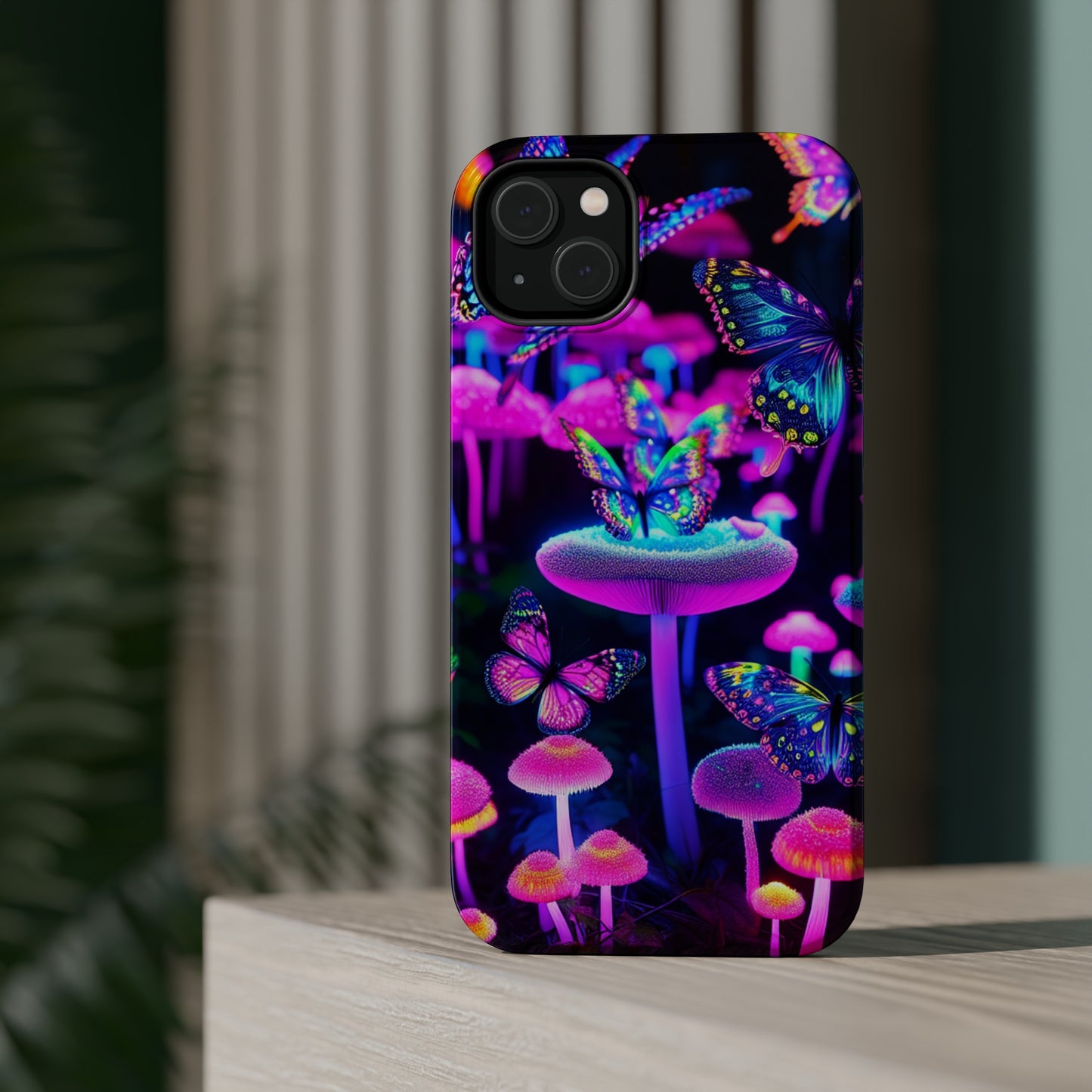 "Neon Gloomsprite Dance" Neon Butterflies and Mushrooms Premium Art Magsafe Magnet Tough IPhone 13 14 15 Pro Plus Max and Mini in Matte and Glossy Phone cases