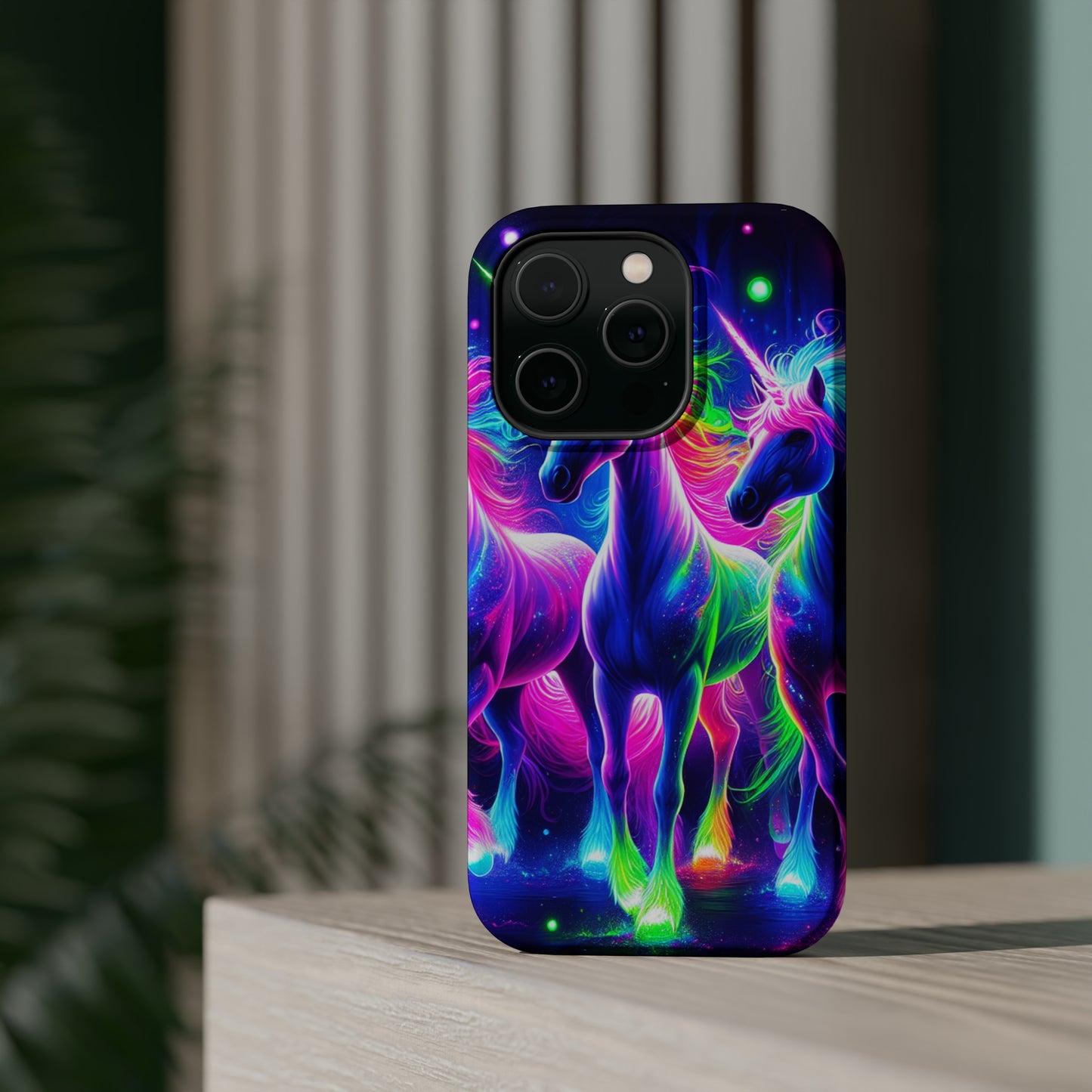 "Uni-Neon Fantasy" Neon Unicorns Premium Art Magsafe Magnet Tough IPhone 13 14 15 Pro Plus Max and Mini in Matte and Glossy Phone cases