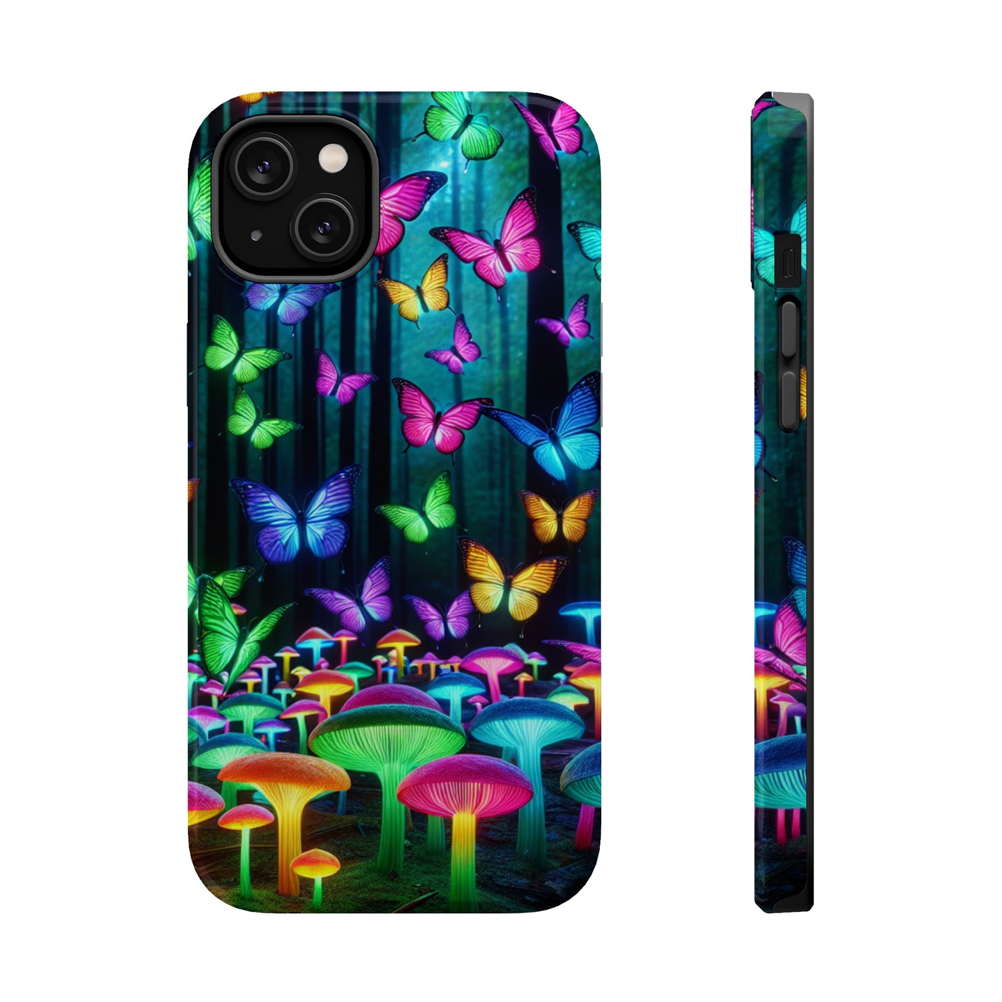 "Vivid Neon Splendor" Neon Butterflies and Mushrooms Premium Art Magsafe Magnet Tough IPhone 13 14 15 Pro Plus Max and Mini in Matte and Glossy Phone cases