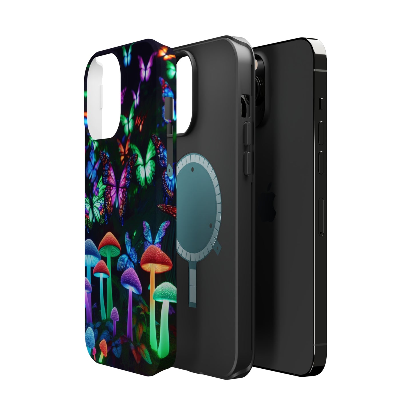 "Neon Burst Wonderland". Neon Butterflies and Mushrooms Premium Art Magsafe Magnet Tough IPhone 13 14 15 Pro Plus Max and Mini in Matte and Glossy Phone cases